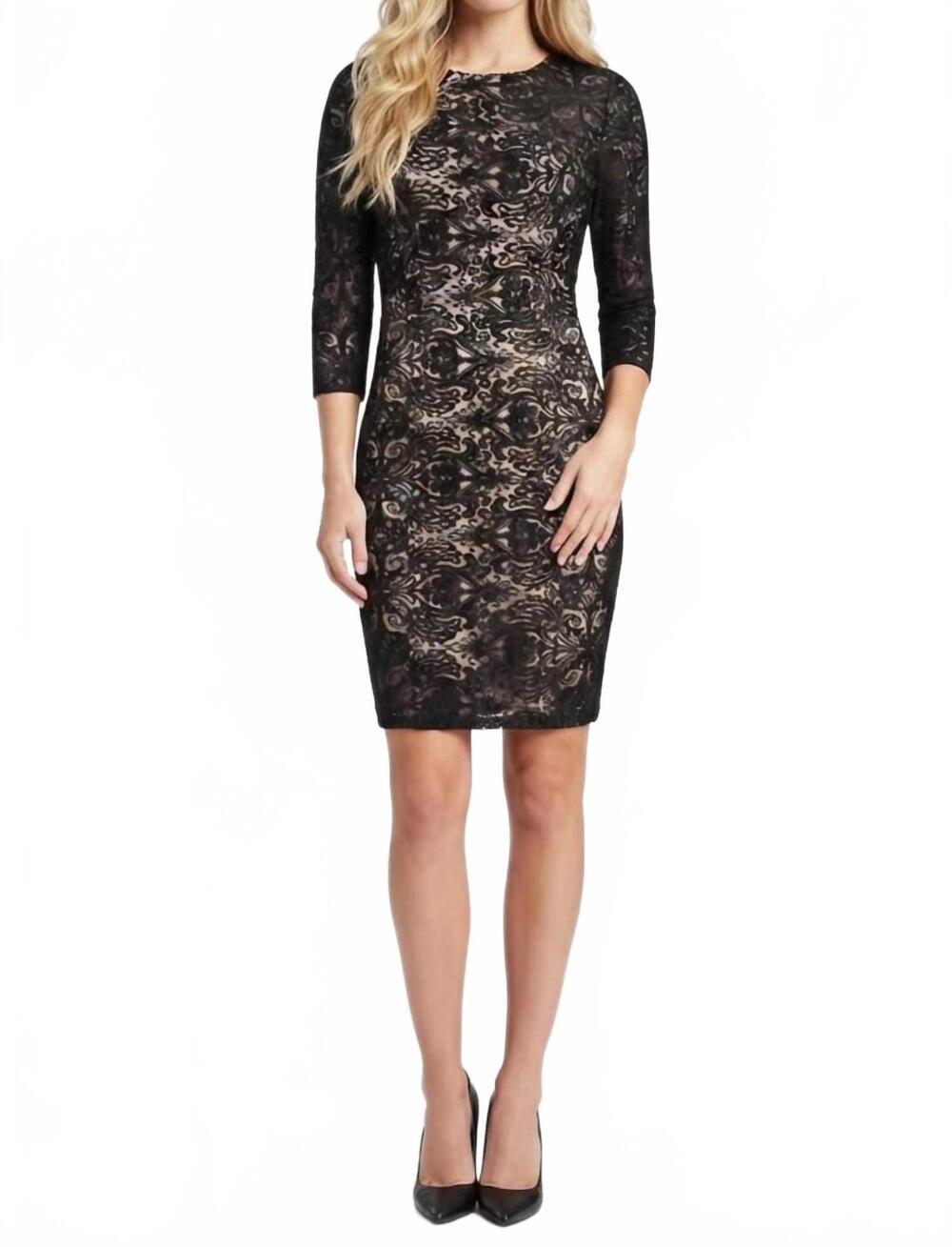 NEW SUE WONG ornament motif 3/4 sleeve open-back dress in black